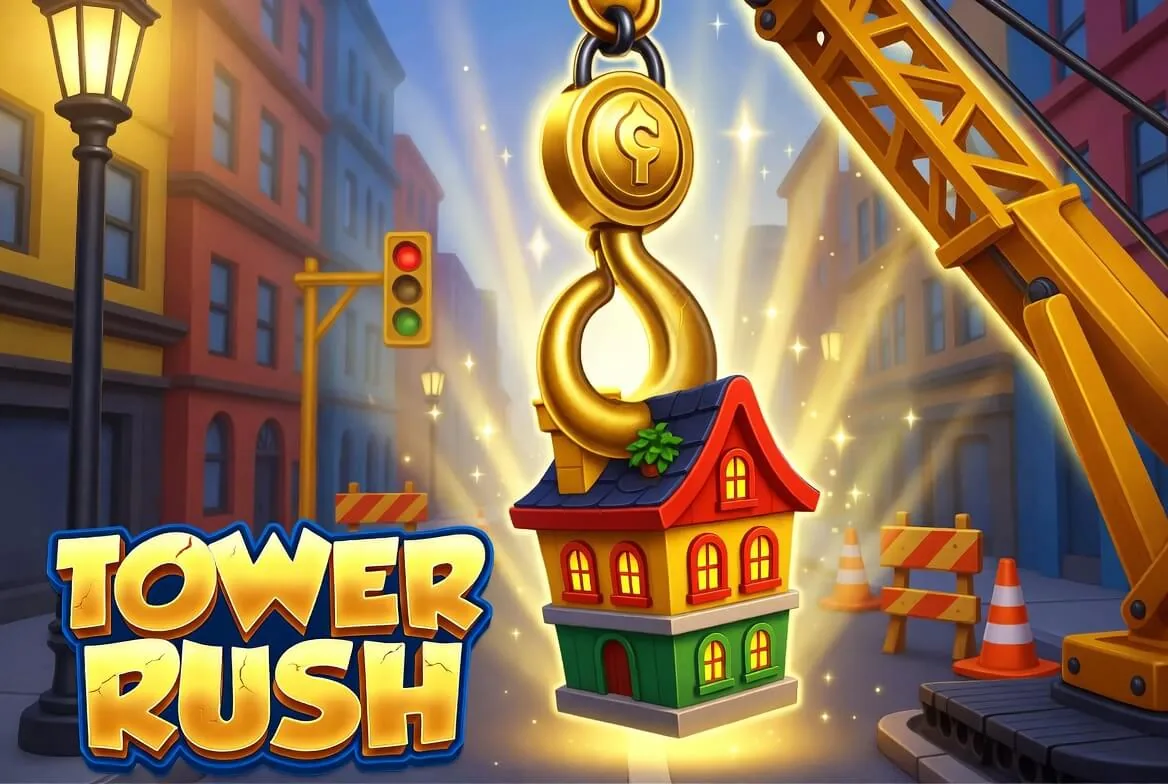 Tower Rush logo beside a house lifted on a crane hook on a city street