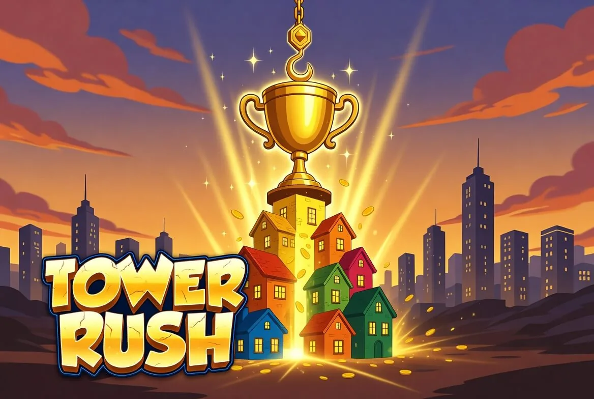 Tower Rush logo with a golden trophy above a village of small houses