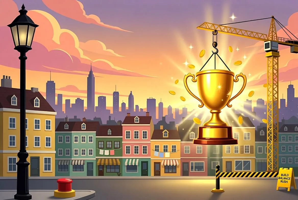 Golden trophy on a crane hook above a bright city street, symbolising fair play