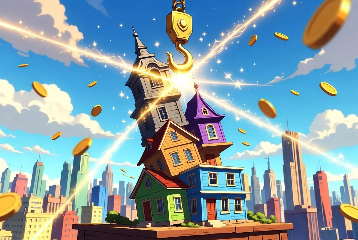 Tower Rush crane lifting a stacked tower of houses over a city skyline