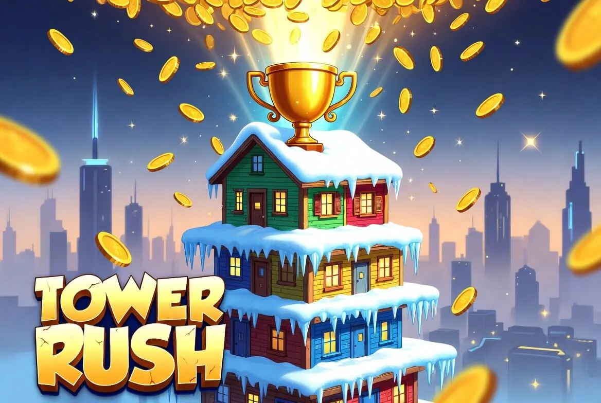 Golden trophy atop a snow-capped Tower Rush tower with coins raining down